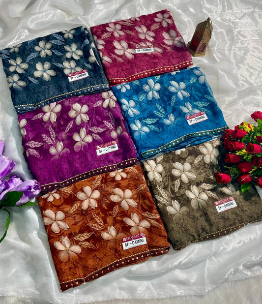 SF-DAMINI SEMI WEIGHTLESS FABRIC SAREE WITH BEAUTIFUL FLORAL PRINT ALL OVER ON SAREE WITH SEQUENCE WORK BORDER WITH BLOUSE