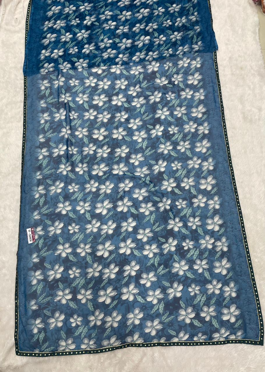SF-DAMINI SEMI WEIGHTLESS FABRIC SAREE WITH BEAUTIFUL FLORAL PRINT ALL OVER ON SAREE WITH SEQUENCE WORK BORDER WITH BLOUSE