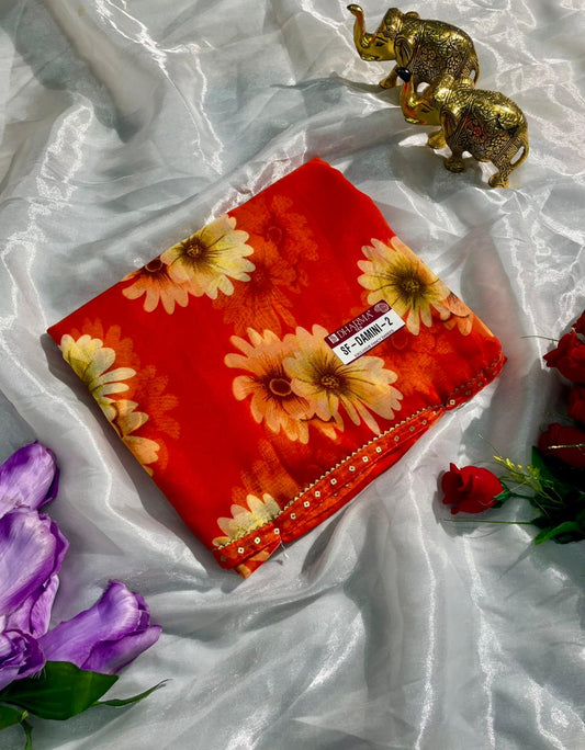 SF-DAMINI-2 SEMI WEIGHTLESS FABRIC SAREE WITH BEAUTIFUL FLORAL PRINT ALL OVER ON SAREE WITH SEQUENCE WORK BORDER WITH BLOUSE