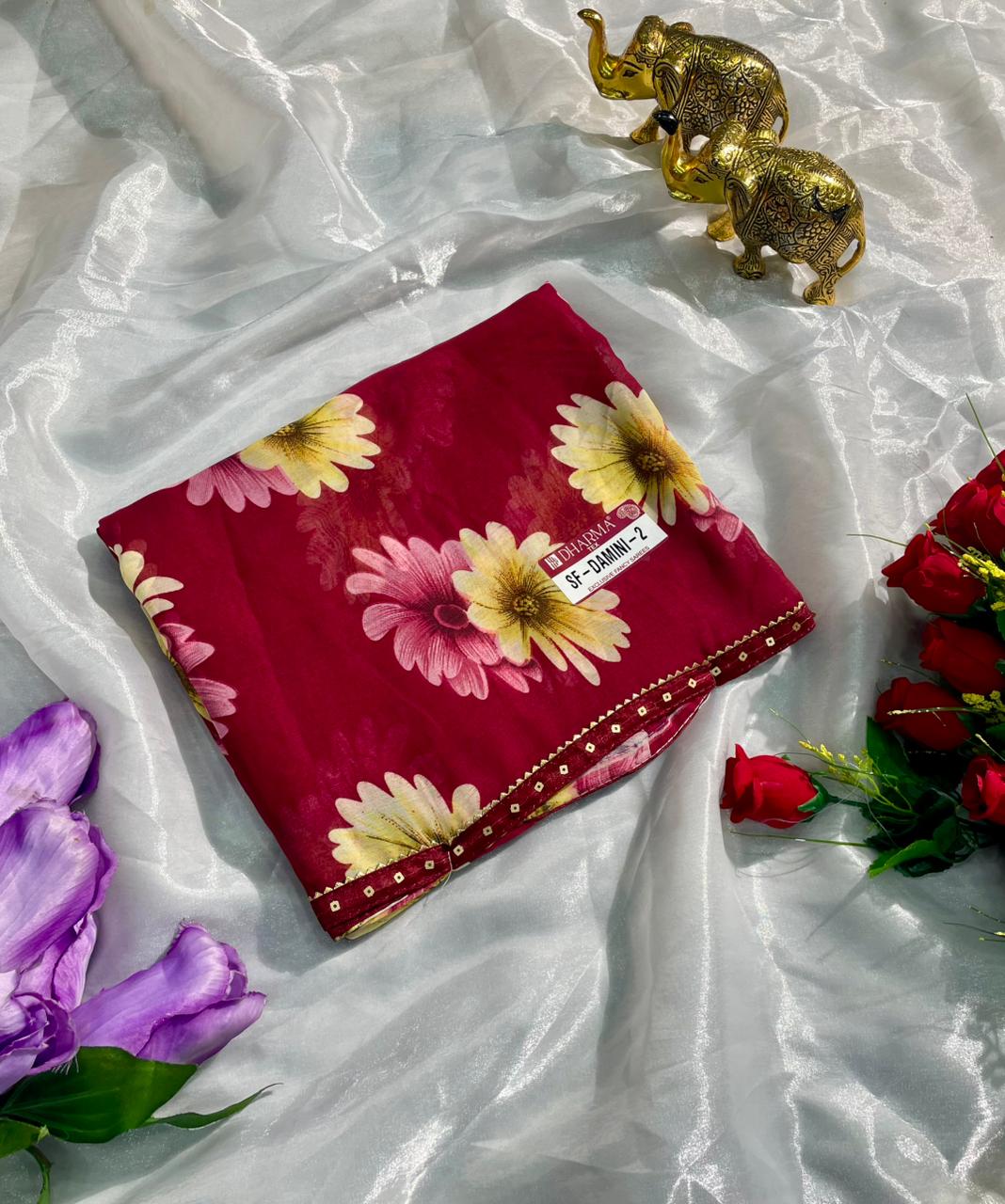 SF-DAMINI-2 SEMI WEIGHTLESS FABRIC SAREE WITH BEAUTIFUL FLORAL PRINT ALL OVER ON SAREE WITH SEQUENCE WORK BORDER WITH BLOUSE