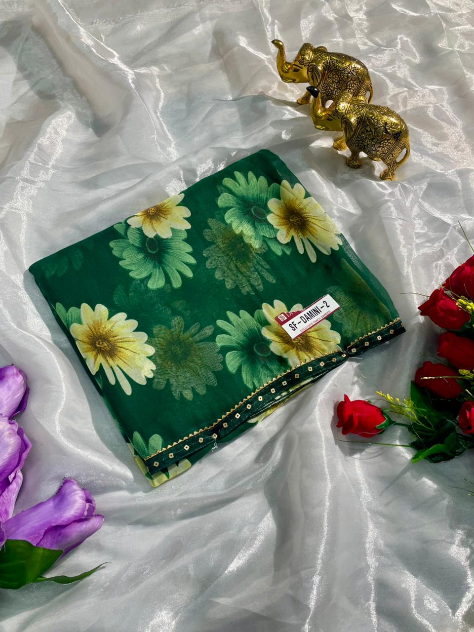 SF-DAMINI-2 SEMI WEIGHTLESS FABRIC SAREE WITH BEAUTIFUL FLORAL PRINT ALL OVER ON SAREE WITH SEQUENCE WORK BORDER WITH BLOUSE