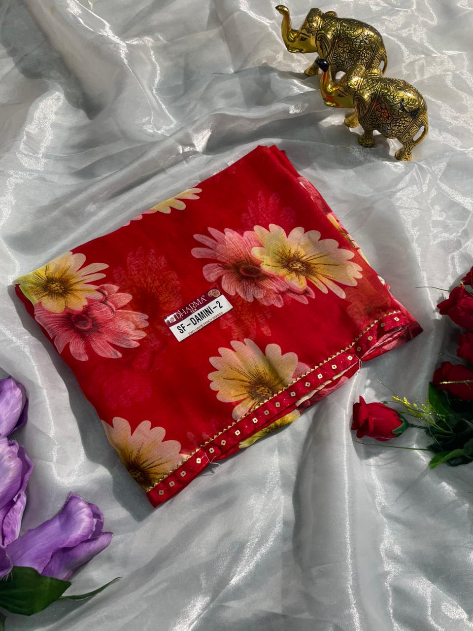 SF-DAMINI-2 SEMI WEIGHTLESS FABRIC SAREE WITH BEAUTIFUL FLORAL PRINT ALL OVER ON SAREE WITH SEQUENCE WORK BORDER WITH BLOUSE