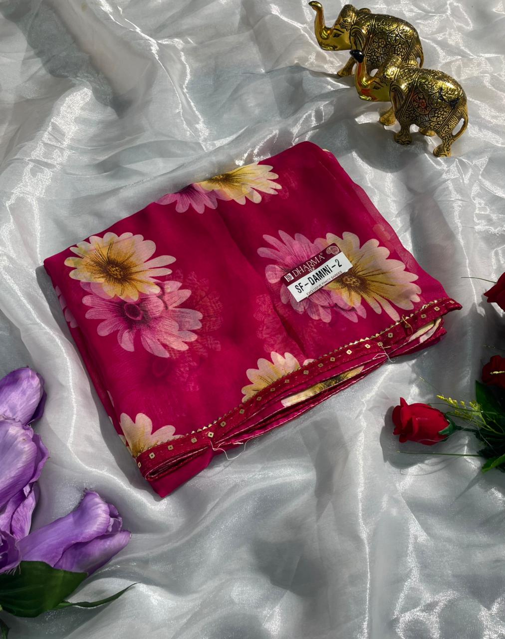 SF-DAMINI-2 SEMI WEIGHTLESS FABRIC SAREE WITH BEAUTIFUL FLORAL PRINT ALL OVER ON SAREE WITH SEQUENCE WORK BORDER WITH BLOUSE