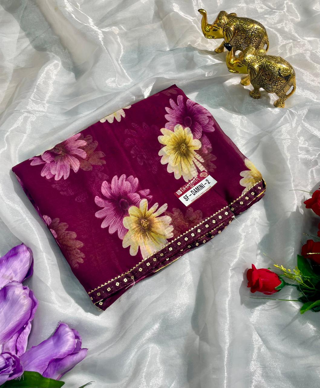 SF-DAMINI-2 SEMI WEIGHTLESS FABRIC SAREE WITH BEAUTIFUL FLORAL PRINT ALL OVER ON SAREE WITH SEQUENCE WORK BORDER WITH BLOUSE