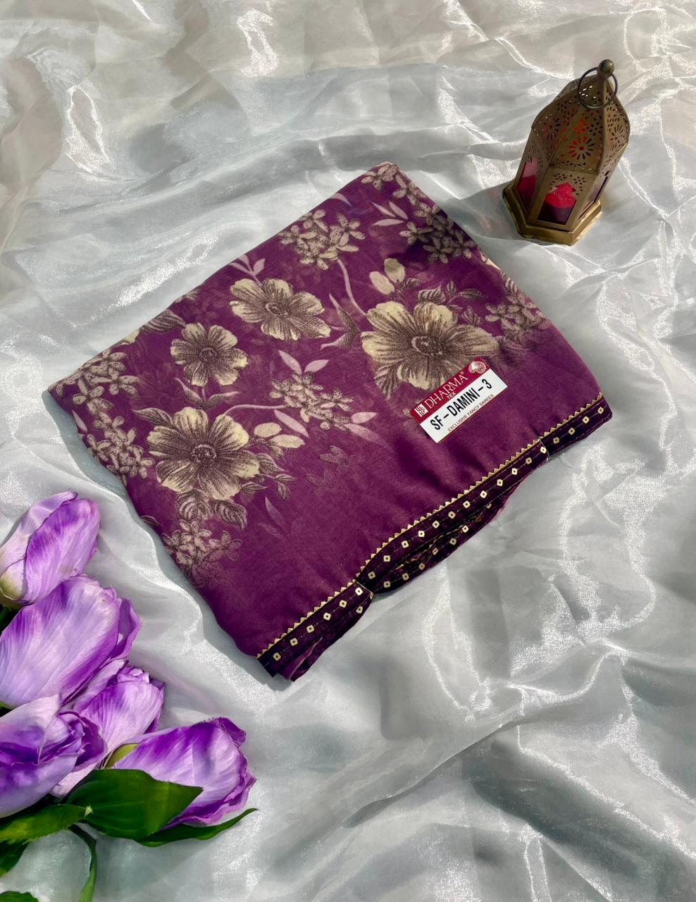 SF-DAMINI-3 SEMI WEIGHTLESS FABRIC SAREE WITH BEAUTIFUL FLORAL PRINT ALL OVER ON SAREE WITH SEQUENCE WORK BORDER WITH BLOUSE