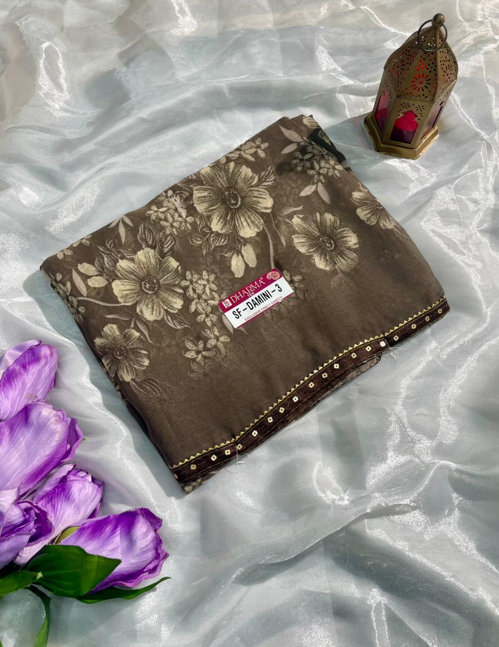 SF-DAMINI-3 SEMI WEIGHTLESS FABRIC SAREE WITH BEAUTIFUL FLORAL PRINT ALL OVER ON SAREE WITH SEQUENCE WORK BORDER WITH BLOUSE