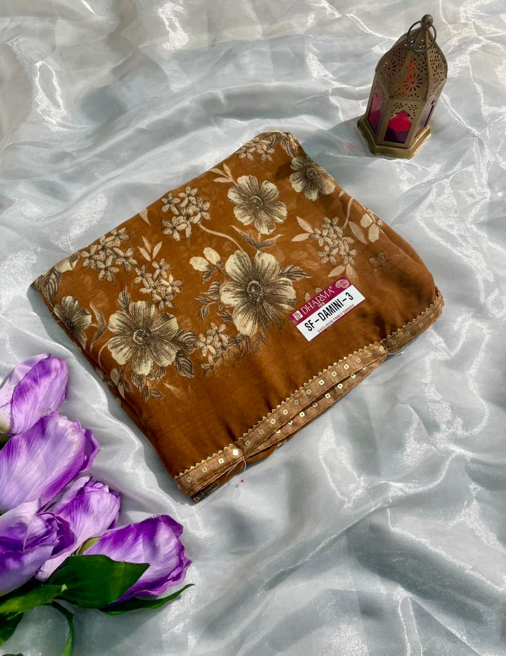 SF-DAMINI-3 SEMI WEIGHTLESS FABRIC SAREE WITH BEAUTIFUL FLORAL PRINT ALL OVER ON SAREE WITH SEQUENCE WORK BORDER WITH BLOUSE