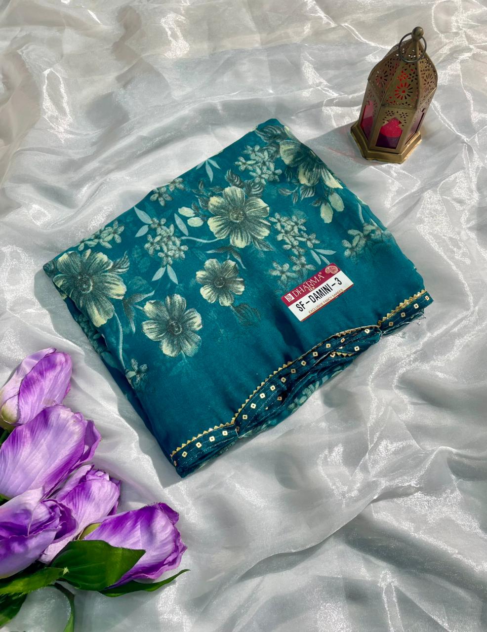 SF-DAMINI-3 SEMI WEIGHTLESS FABRIC SAREE WITH BEAUTIFUL FLORAL PRINT ALL OVER ON SAREE WITH SEQUENCE WORK BORDER WITH BLOUSE