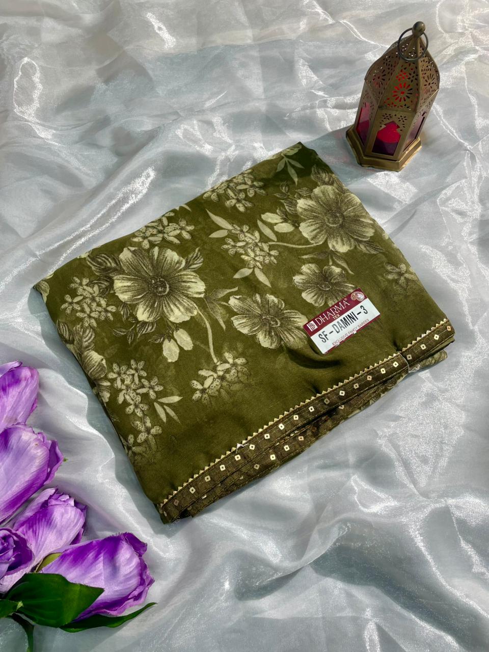 SF-DAMINI-3 SEMI WEIGHTLESS FABRIC SAREE WITH BEAUTIFUL FLORAL PRINT ALL OVER ON SAREE WITH SEQUENCE WORK BORDER WITH BLOUSE