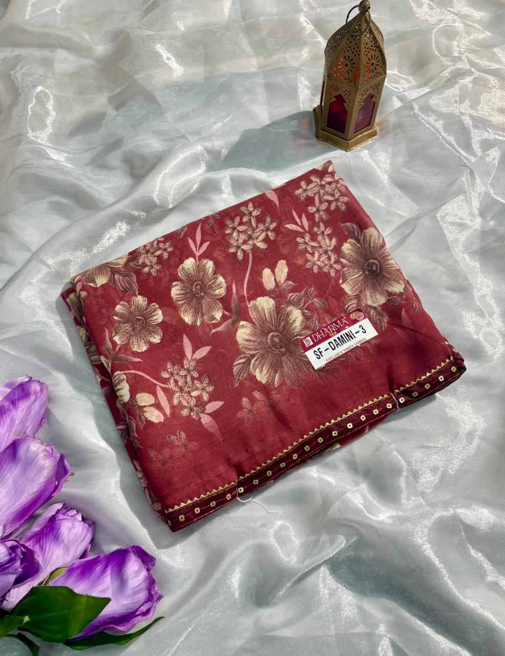 SF-DAMINI-3 SEMI WEIGHTLESS FABRIC SAREE WITH BEAUTIFUL FLORAL PRINT ALL OVER ON SAREE WITH SEQUENCE WORK BORDER WITH BLOUSE
