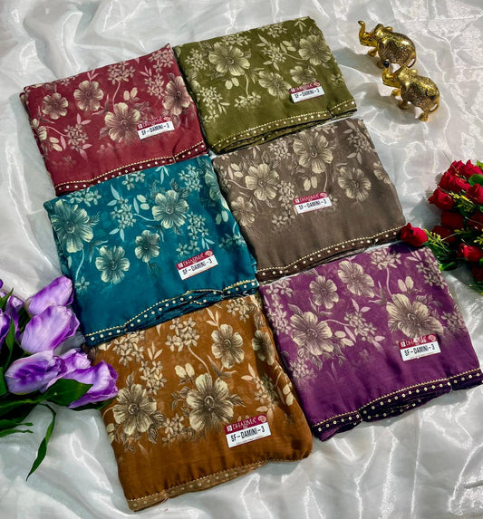 SF-DAMINI-3 SEMI WEIGHTLESS FABRIC SAREE WITH BEAUTIFUL FLORAL PRINT ALL OVER ON SAREE WITH SEQUENCE WORK BORDER WITH BLOUSE
