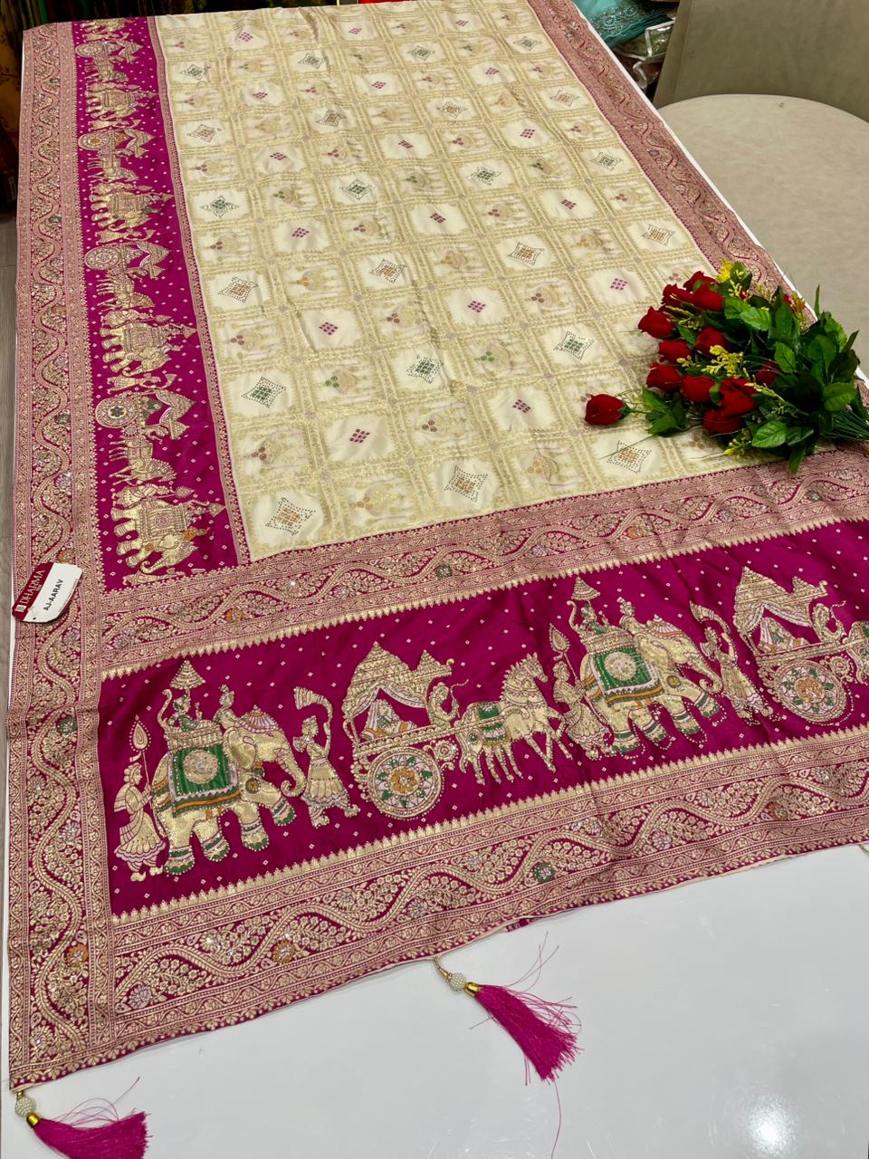 AJ-AARAV FANCY FABRIC SAREE WITH RICH PALLU  DESIGN WITH BEAUTIFUL GAJRAJ DESIGN WITH HEAVY DMC SIROSKI WORK WITH BOX DESIGN WITH PIPING AND LATKAN WITH BLOUSE