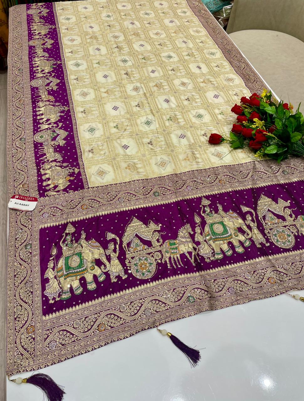 AJ-AARAV FANCY FABRIC SAREE WITH RICH PALLU  DESIGN WITH BEAUTIFUL GAJRAJ DESIGN WITH HEAVY DMC SIROSKI WORK WITH BOX DESIGN WITH PIPING AND LATKAN WITH BLOUSE