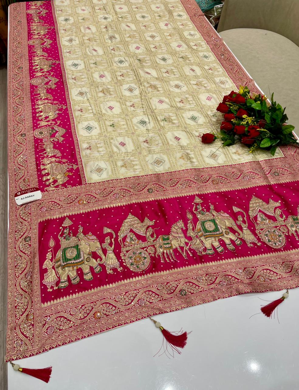 AJ-AARAV FANCY FABRIC SAREE WITH RICH PALLU  DESIGN WITH BEAUTIFUL GAJRAJ DESIGN WITH HEAVY DMC SIROSKI WORK WITH BOX DESIGN WITH PIPING AND LATKAN WITH BLOUSE