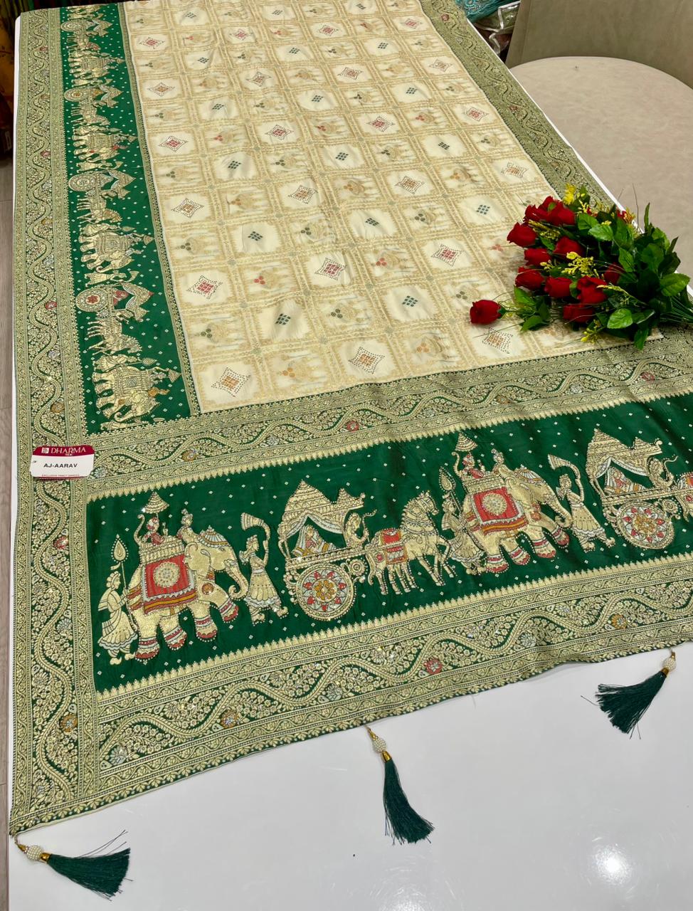 AJ-AARAV FANCY FABRIC SAREE WITH RICH PALLU  DESIGN WITH BEAUTIFUL GAJRAJ DESIGN WITH HEAVY DMC SIROSKI WORK WITH BOX DESIGN WITH PIPING AND LATKAN WITH BLOUSE