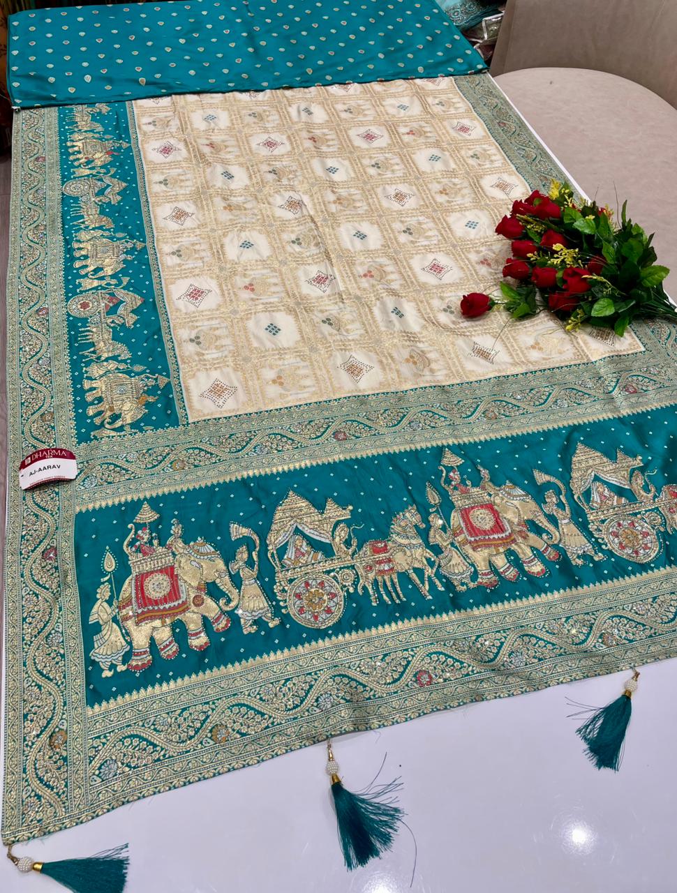AJ-AARAV FANCY FABRIC SAREE WITH RICH PALLU  DESIGN WITH BEAUTIFUL GAJRAJ DESIGN WITH HEAVY DMC SIROSKI WORK WITH BOX DESIGN WITH PIPING AND LATKAN WITH BLOUSE