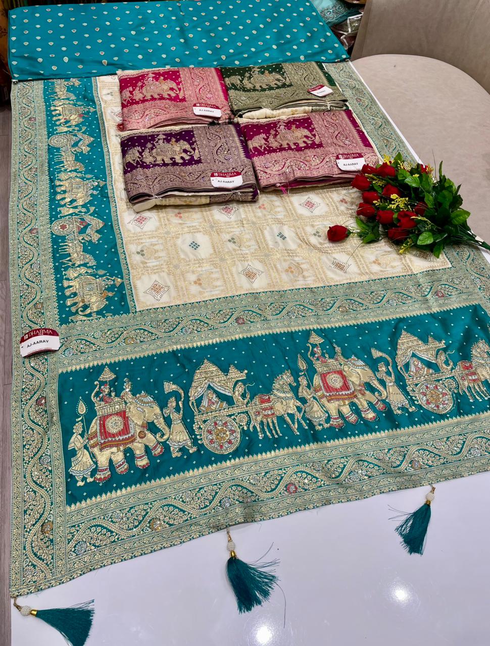 AJ-AARAV FANCY FABRIC SAREE WITH RICH PALLU  DESIGN WITH BEAUTIFUL GAJRAJ DESIGN WITH HEAVY DMC SIROSKI WORK WITH BOX DESIGN WITH PIPING AND LATKAN WITH BLOUSE