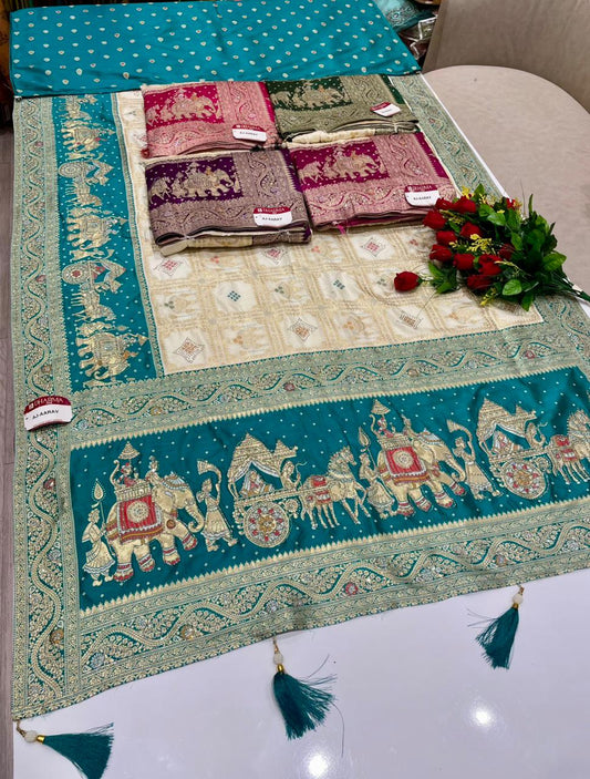 AJ-AARAV FANCY FABRIC SAREE WITH RICH PALLU  DESIGN WITH BEAUTIFUL GAJRAJ DESIGN WITH HEAVY DMC SIROSKI WORK WITH BOX DESIGN WITH PIPING AND LATKAN WITH BLOUSE