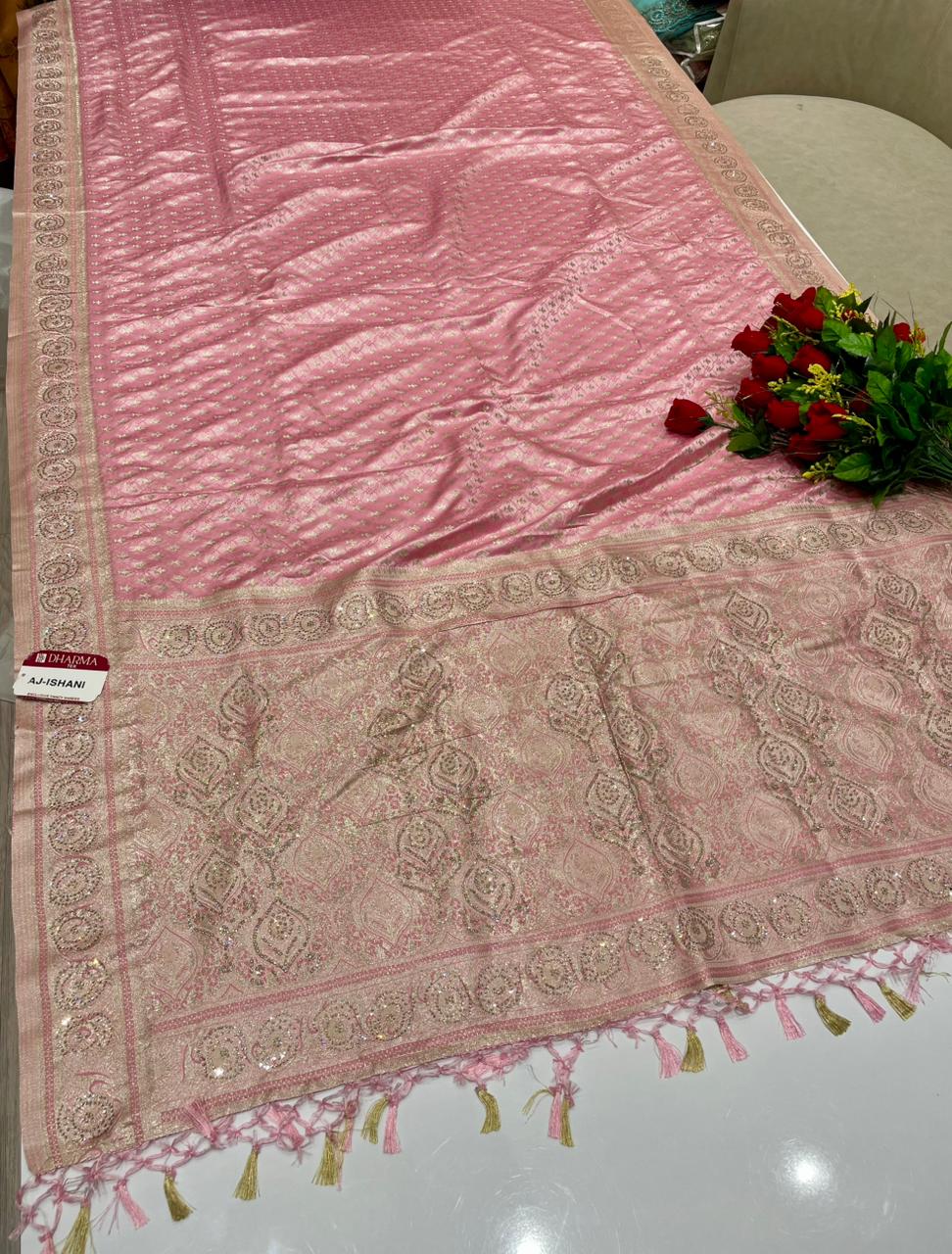 AJ-ISHANI SATIN SILK FABRIC SAREE WITH RICH PALLU DESIGN WITH HEAY JARKAN WORK WITH BEAUTIFUL TASSELS WITH BLOUSE