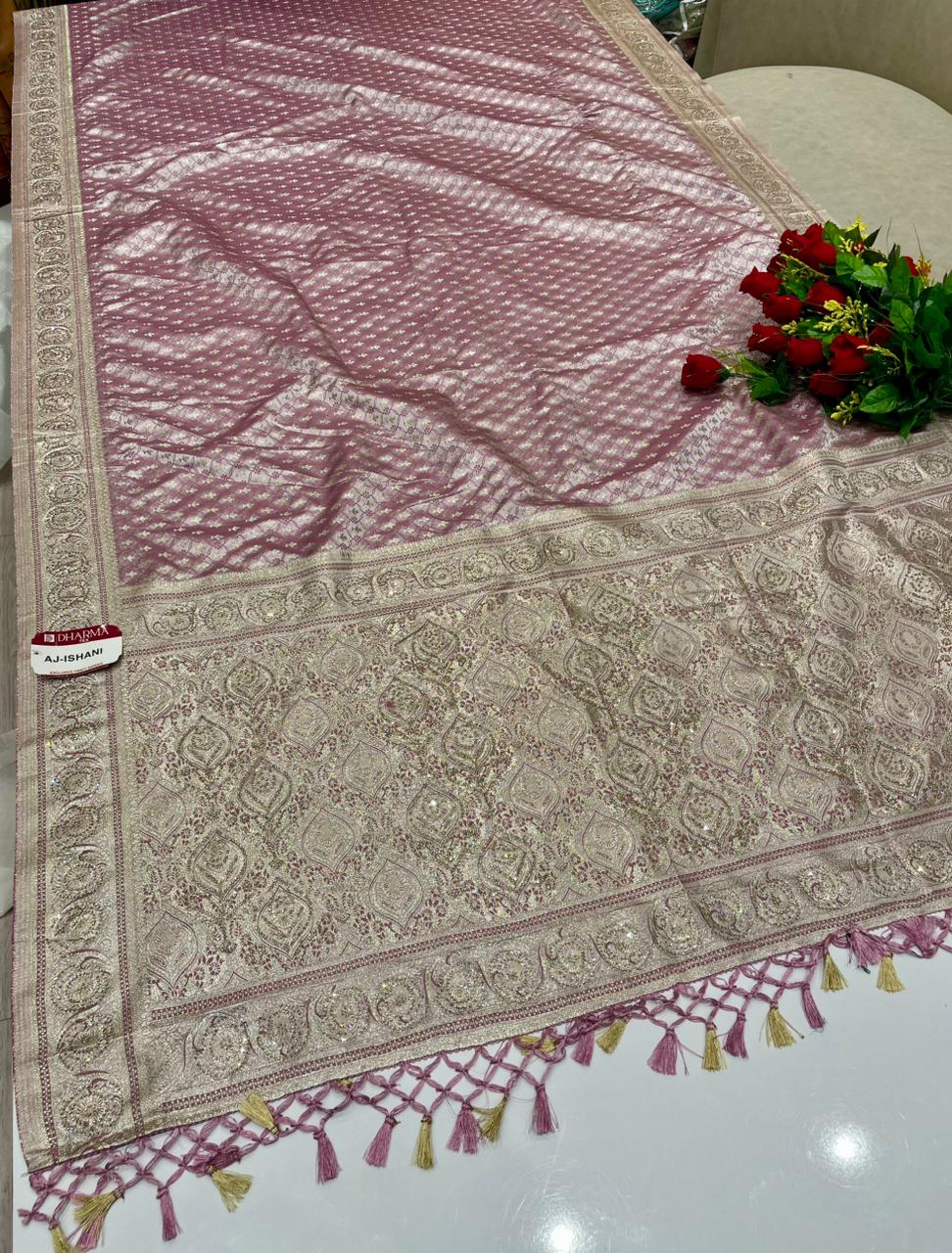 AJ-ISHANI SATIN SILK FABRIC SAREE WITH RICH PALLU DESIGN WITH HEAY JARKAN WORK WITH BEAUTIFUL TASSELS WITH BLOUSE