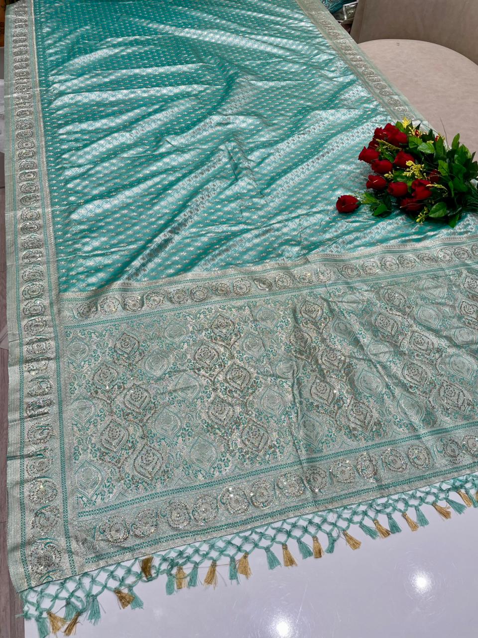 AJ-ISHANI SATIN SILK FABRIC SAREE WITH RICH PALLU DESIGN WITH HEAY JARKAN WORK WITH BEAUTIFUL TASSELS WITH BLOUSE