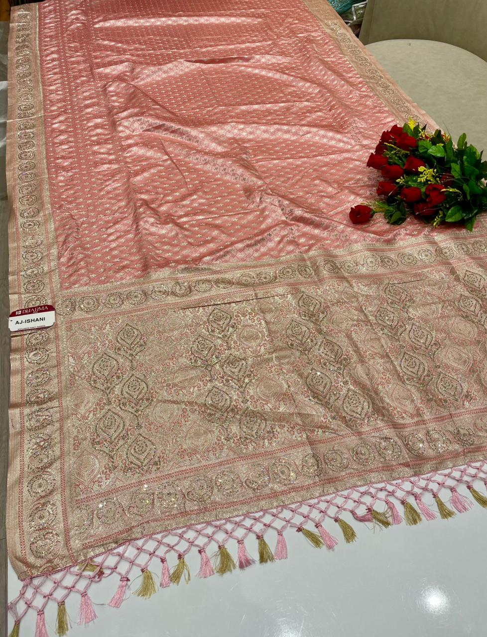 AJ-ISHANI SATIN SILK FABRIC SAREE WITH RICH PALLU DESIGN WITH HEAY JARKAN WORK WITH BEAUTIFUL TASSELS WITH BLOUSE
