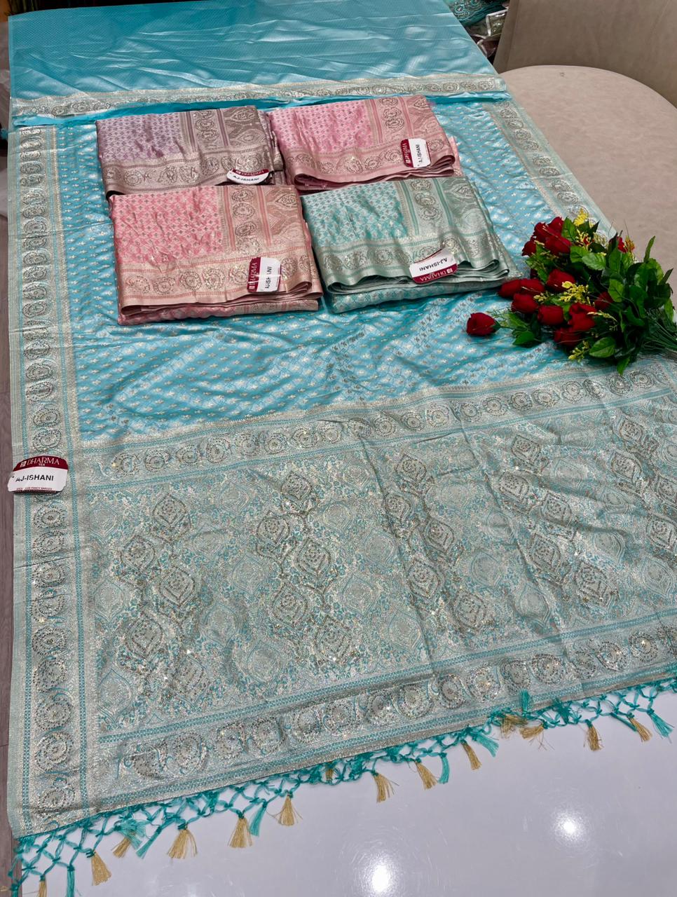 AJ-ISHANI SATIN SILK FABRIC SAREE WITH RICH PALLU DESIGN WITH HEAY JARKAN WORK WITH BEAUTIFUL TASSELS WITH BLOUSE