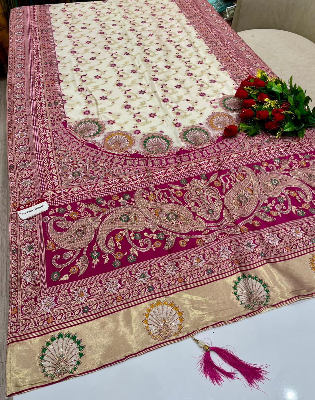 AJ-PRATIKSHA FANCY SILK FABRIC SAREE WITH HEAVY PALLU GRAND PALLU DESIGN WITH LAGNI PATTA WORK WITH PIPING AND LATAKAN WITH CONTRAST BLOUSE
