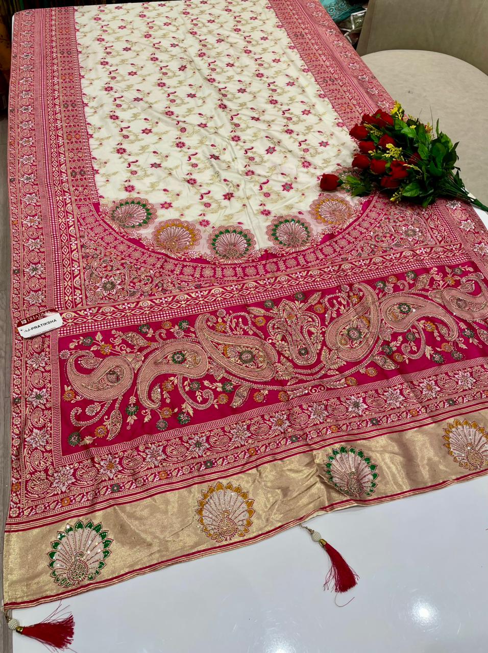 AJ-PRATIKSHA FANCY SILK FABRIC SAREE WITH HEAVY PALLU GRAND PALLU DESIGN WITH LAGNI PATTA WORK WITH PIPING AND LATAKAN WITH CONTRAST BLOUSE