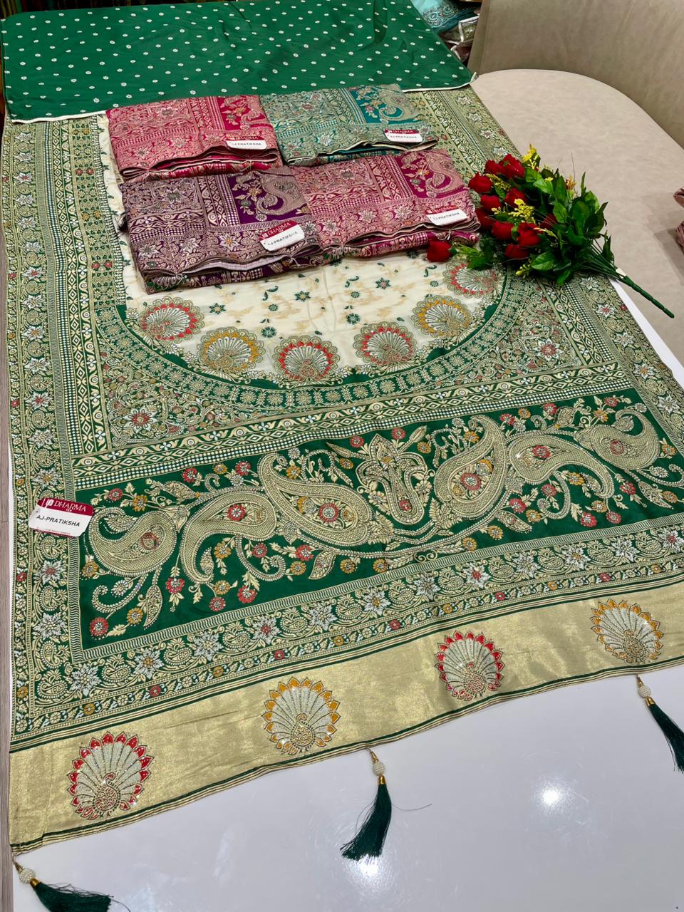 AJ-PRATIKSHA FANCY SILK FABRIC SAREE WITH HEAVY PALLU GRAND PALLU DESIGN WITH LAGNI PATTA WORK WITH PIPING AND LATAKAN WITH CONTRAST BLOUSE