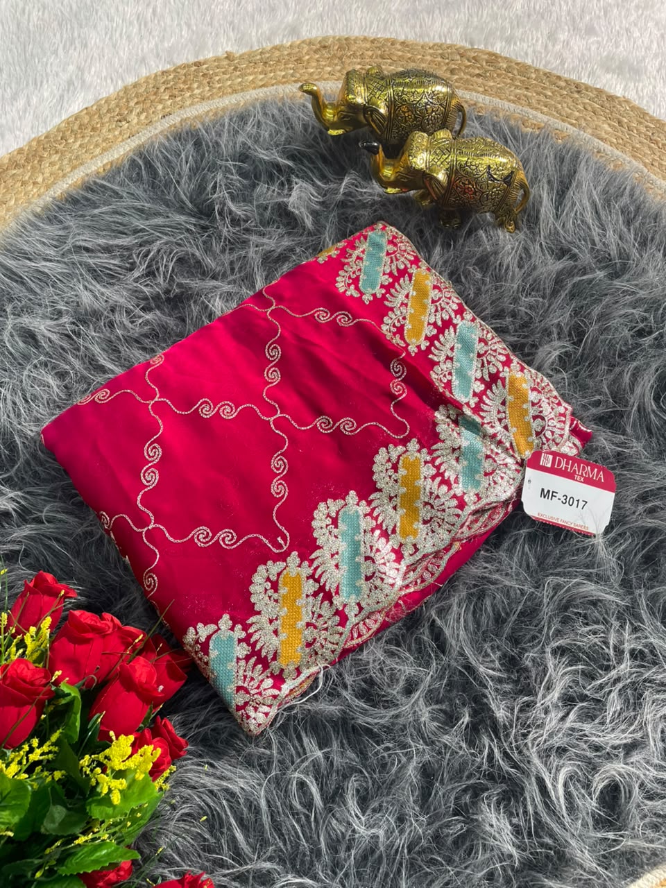 MF-3017 HO SILK FABRIC SAREE WITH BEAUTIFUL DESIGN WITH EMBROIDERY WORK WITH BLOUSE