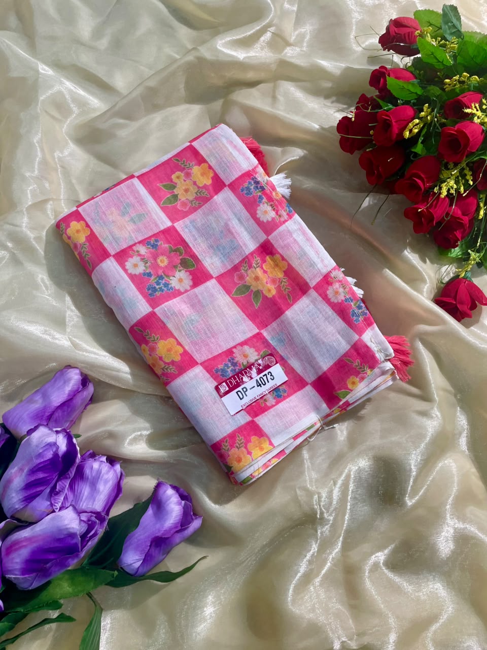 DP-4073 LINEN FABRIC SAREE WITH BEAUTIFUL BOX DESIGN WITH LATKAN WITH BLOUSE