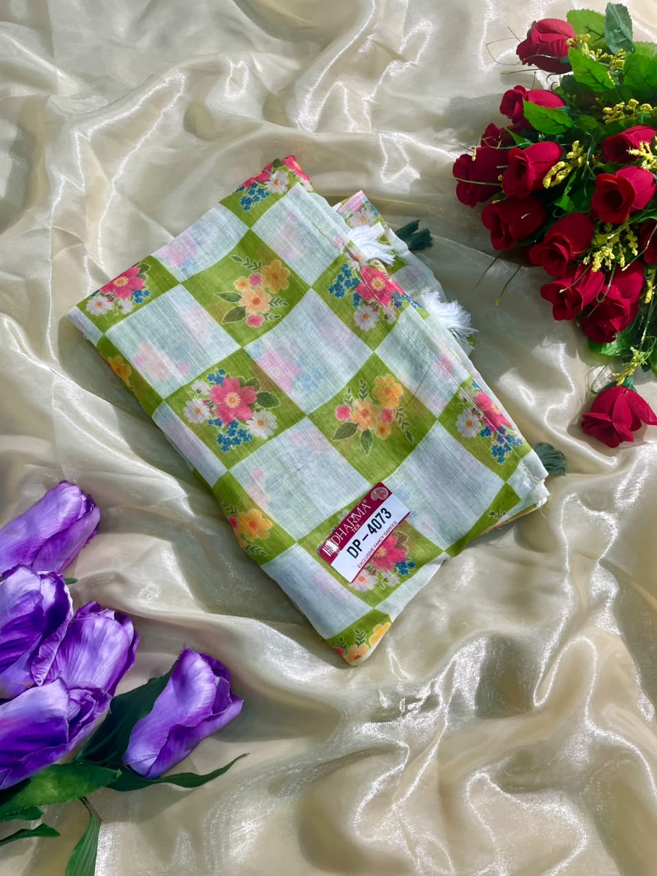 DP-4073 LINEN FABRIC SAREE WITH BEAUTIFUL BOX DESIGN WITH LATKAN WITH BLOUSE