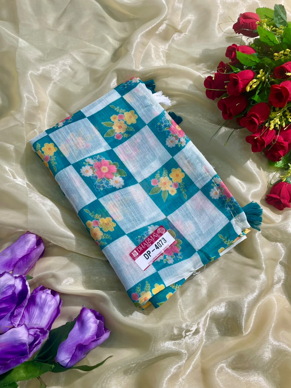 DP-4073 LINEN FABRIC SAREE WITH BEAUTIFUL BOX DESIGN WITH LATKAN WITH BLOUSE