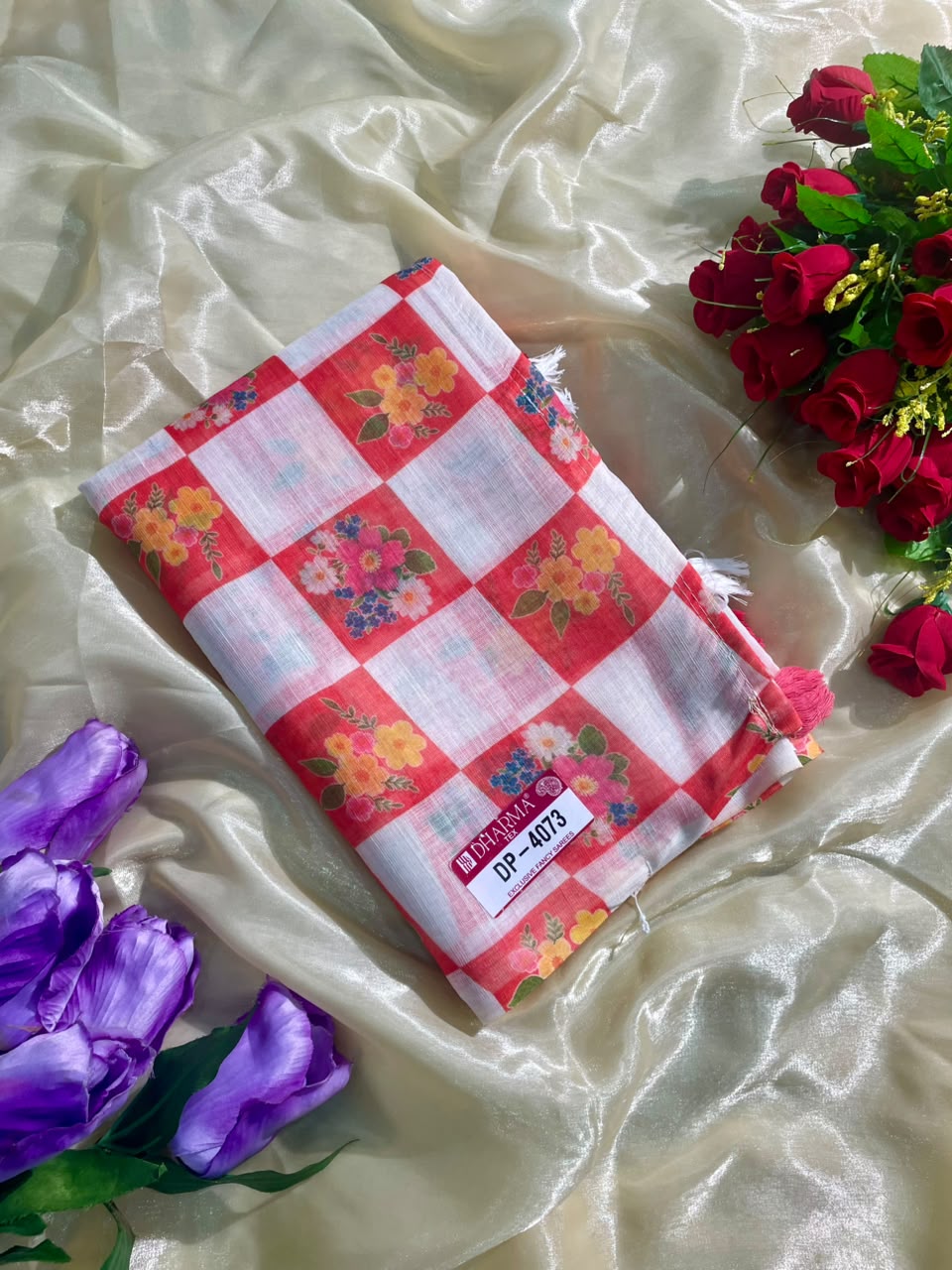 DP-4073 LINEN FABRIC SAREE WITH BEAUTIFUL BOX DESIGN WITH LATKAN WITH BLOUSE