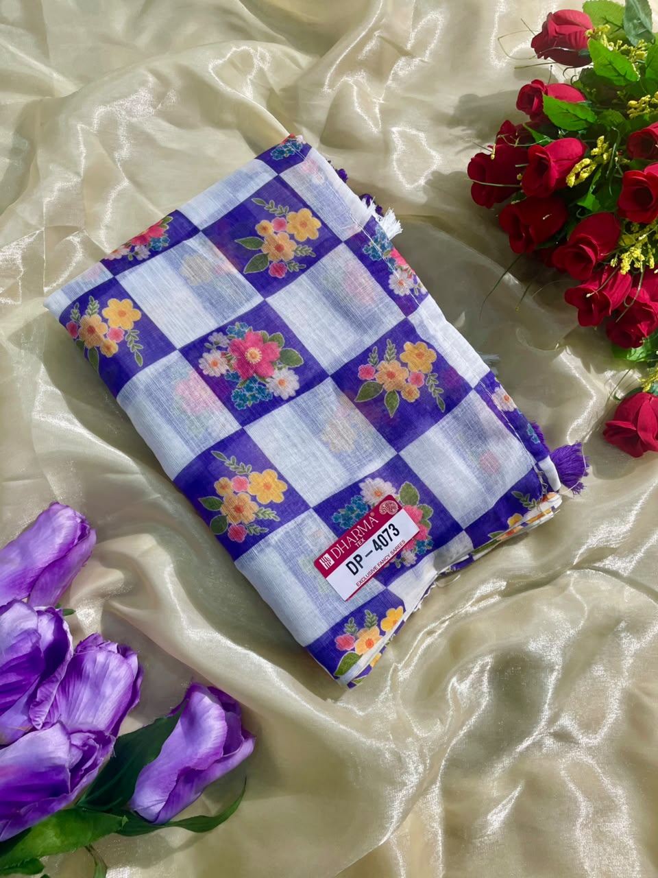 DP-4073 LINEN FABRIC SAREE WITH BEAUTIFUL BOX DESIGN WITH LATKAN WITH BLOUSE