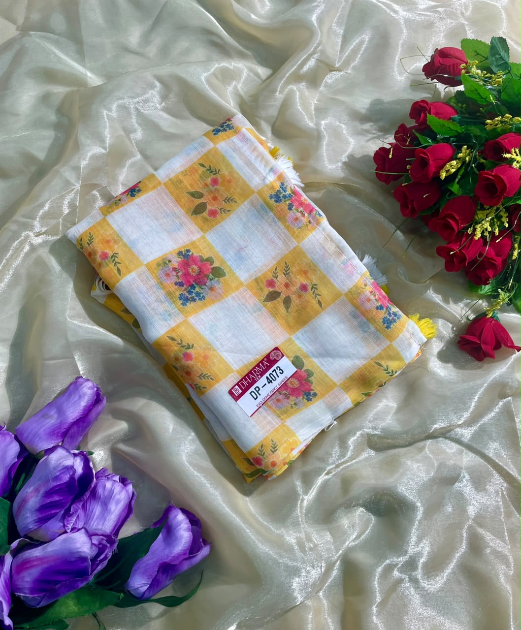 DP-4073 LINEN FABRIC SAREE WITH BEAUTIFUL BOX DESIGN WITH LATKAN WITH BLOUSE