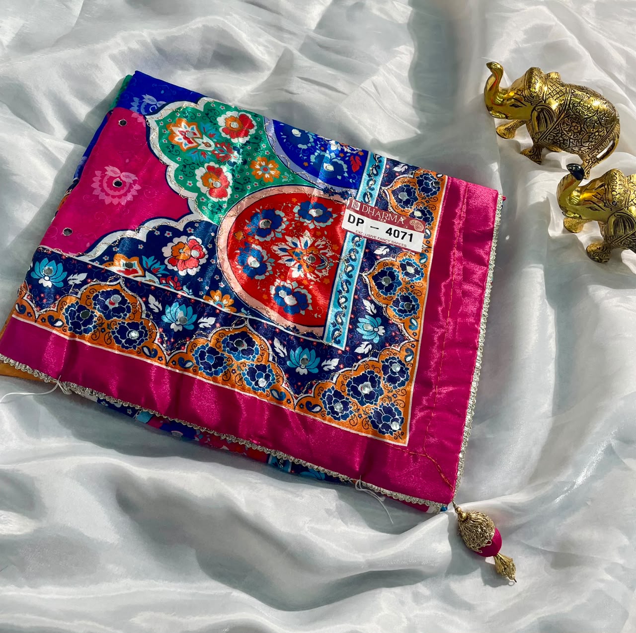 DP-4071 CHINNON DIGITAL PRINT SAREE WITH AARI WORK & ORIGINAL MIRROR WORK WITH LOVELEY HEAVY TASSELS