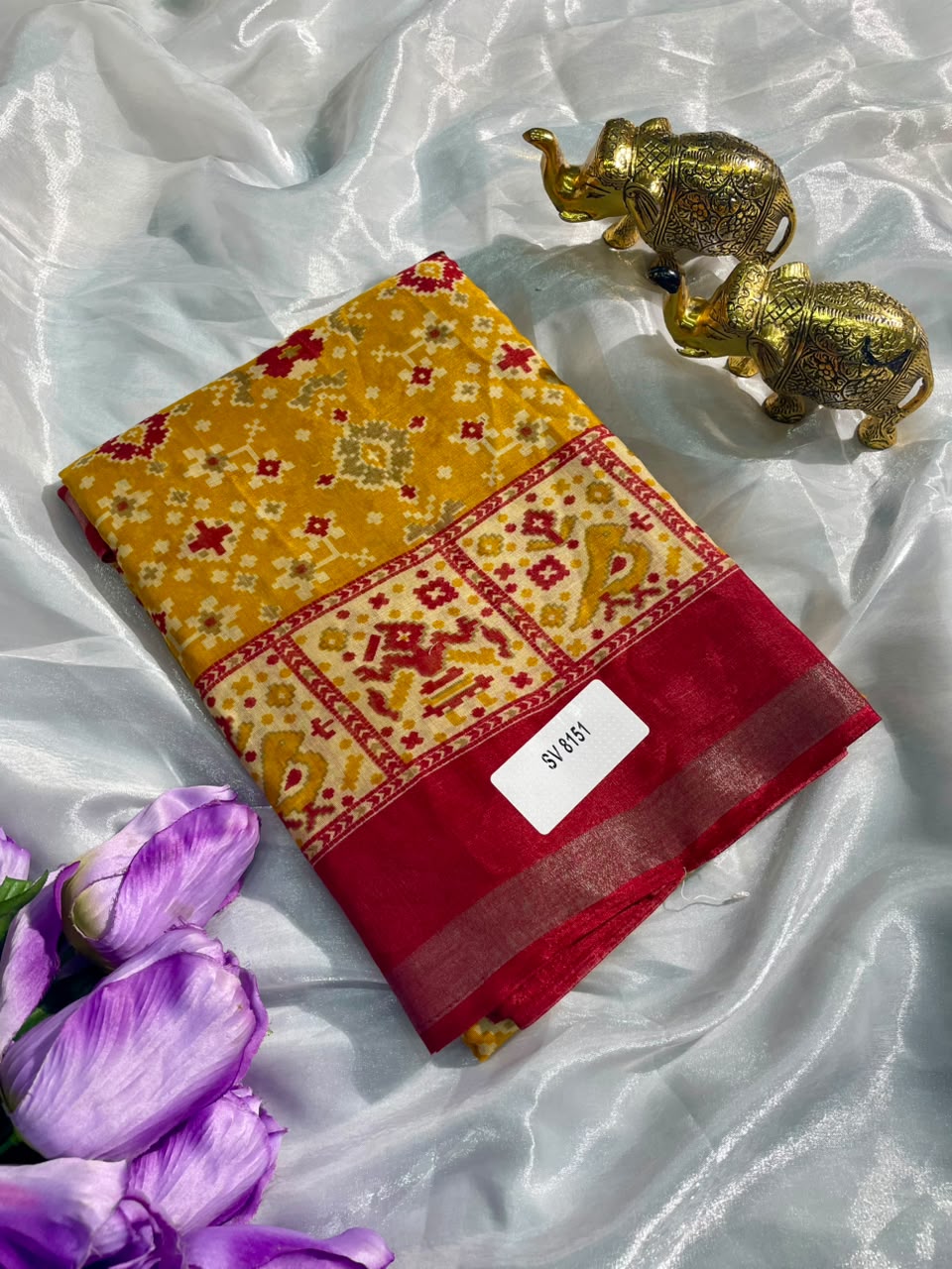 SV-8151 MAL COTTON FABRIC SAREE WITH RICH PALLU DESIGN WITH BEAUTIFUL BIRDS DESIGN ON SAREE WITH BUTTI BLOUSE