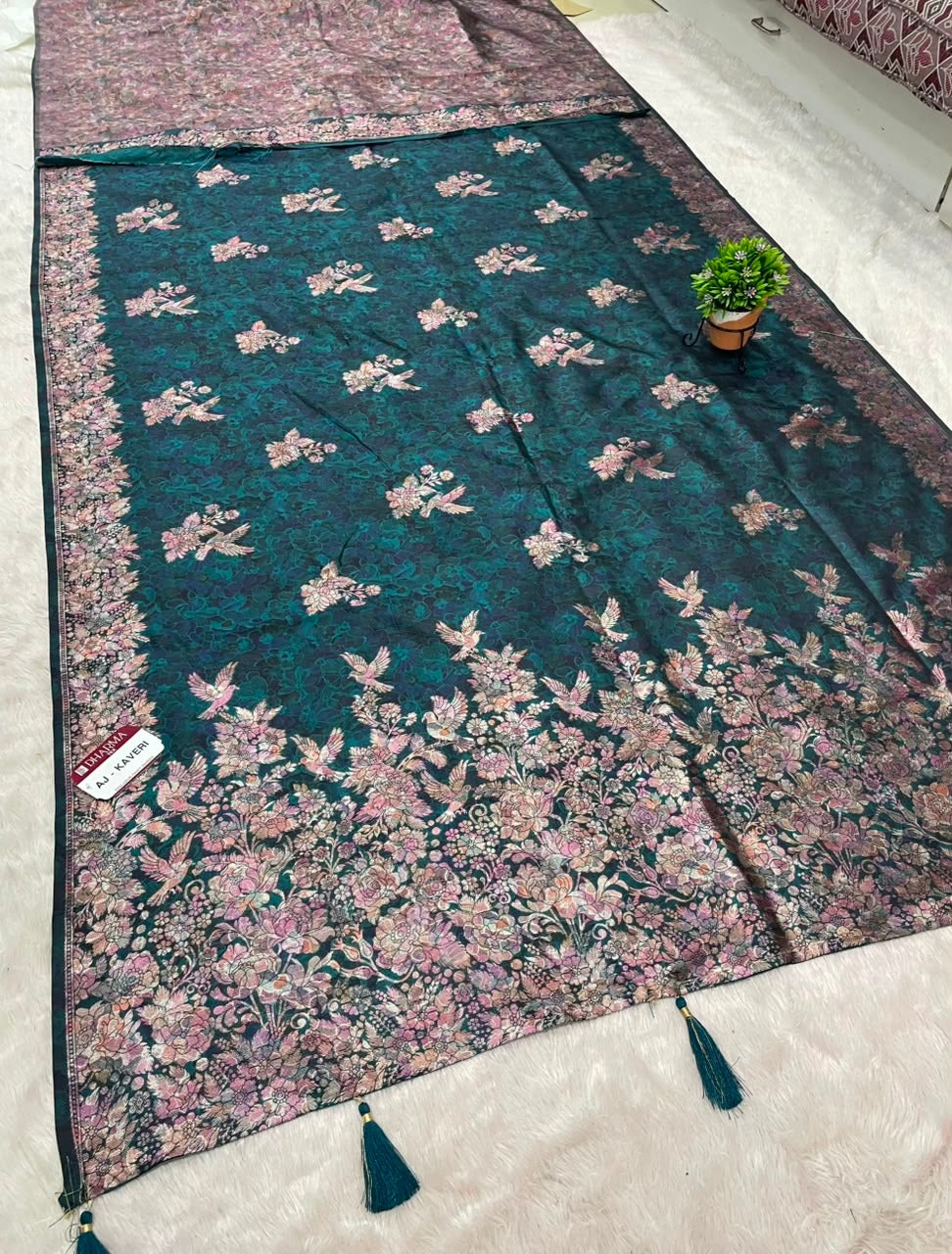 AJ-KAVERI SOFT SILK FABRIC SAREE WITH HEAVY RICH PALU DESIGN WITH BEAUTIFUL FLORAL PRINT ALL OVER ON SAREE WITH TASSELS