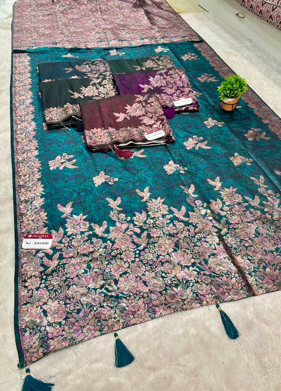 AJ-KAVERI SOFT SILK FABRIC SAREE WITH HEAVY RICH PALU DESIGN WITH BEAUTIFUL FLORAL PRINT ALL OVER ON SAREE WITH TASSELS