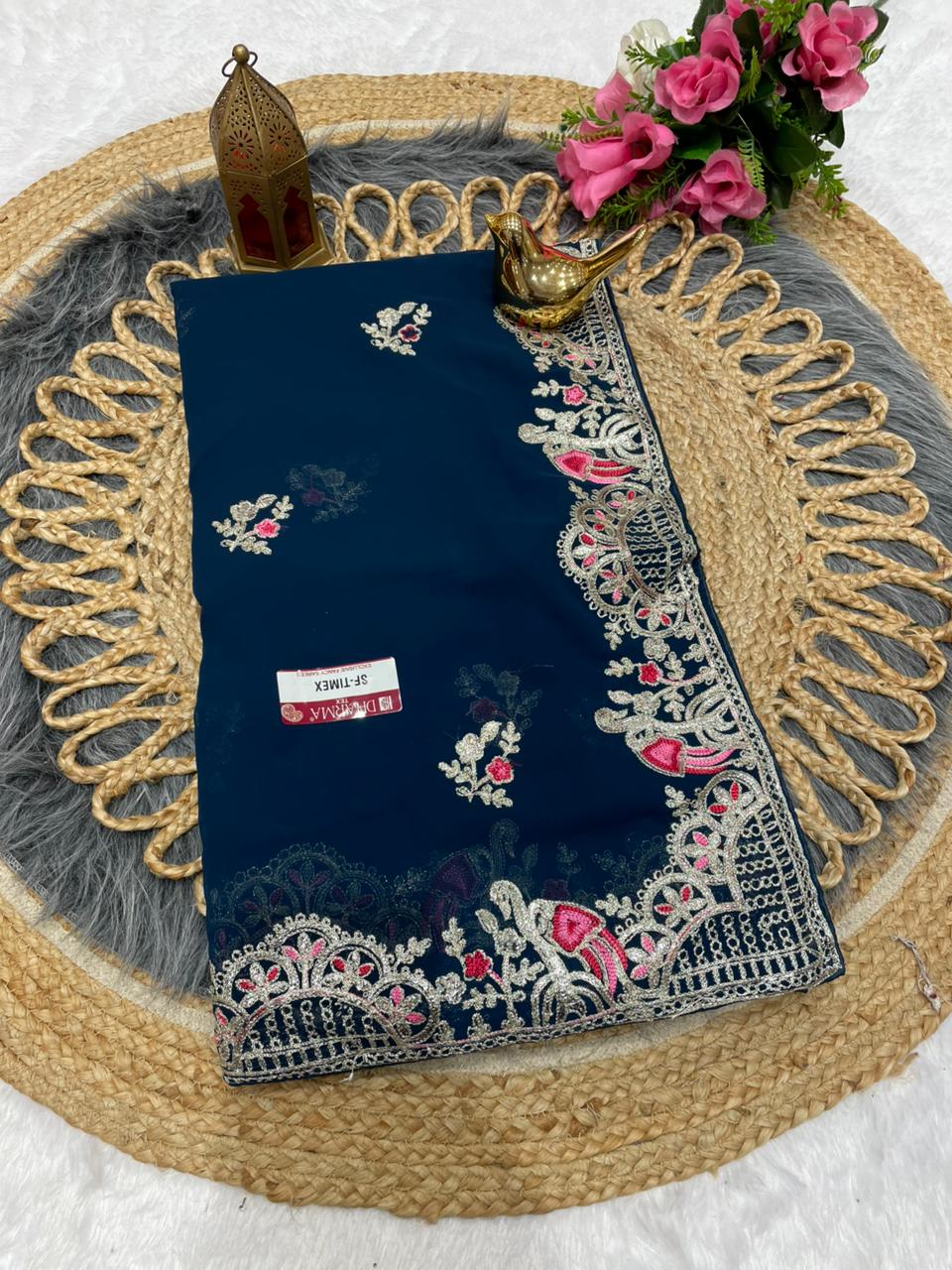 SF-TIMEX STAR GEORGETTE FABRIC SAREE WITH HEAVY EMBROIDERY WORK WITH BEAUTIFUL DESIGN ALL OVER SAREE WITH BLOUSE