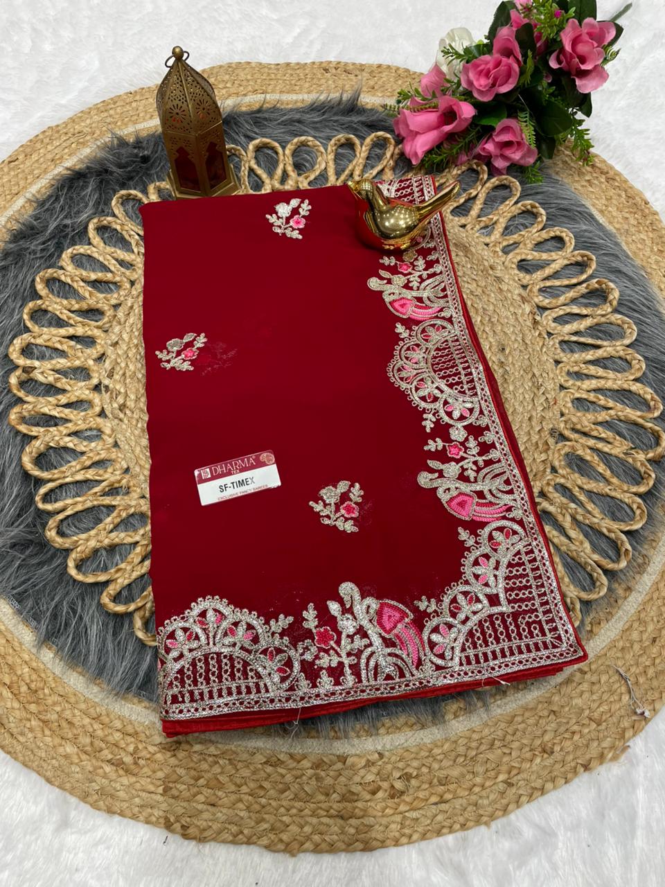 SF-TIMEX STAR GEORGETTE FABRIC SAREE WITH HEAVY EMBROIDERY WORK WITH BEAUTIFUL DESIGN ALL OVER SAREE WITH BLOUSE