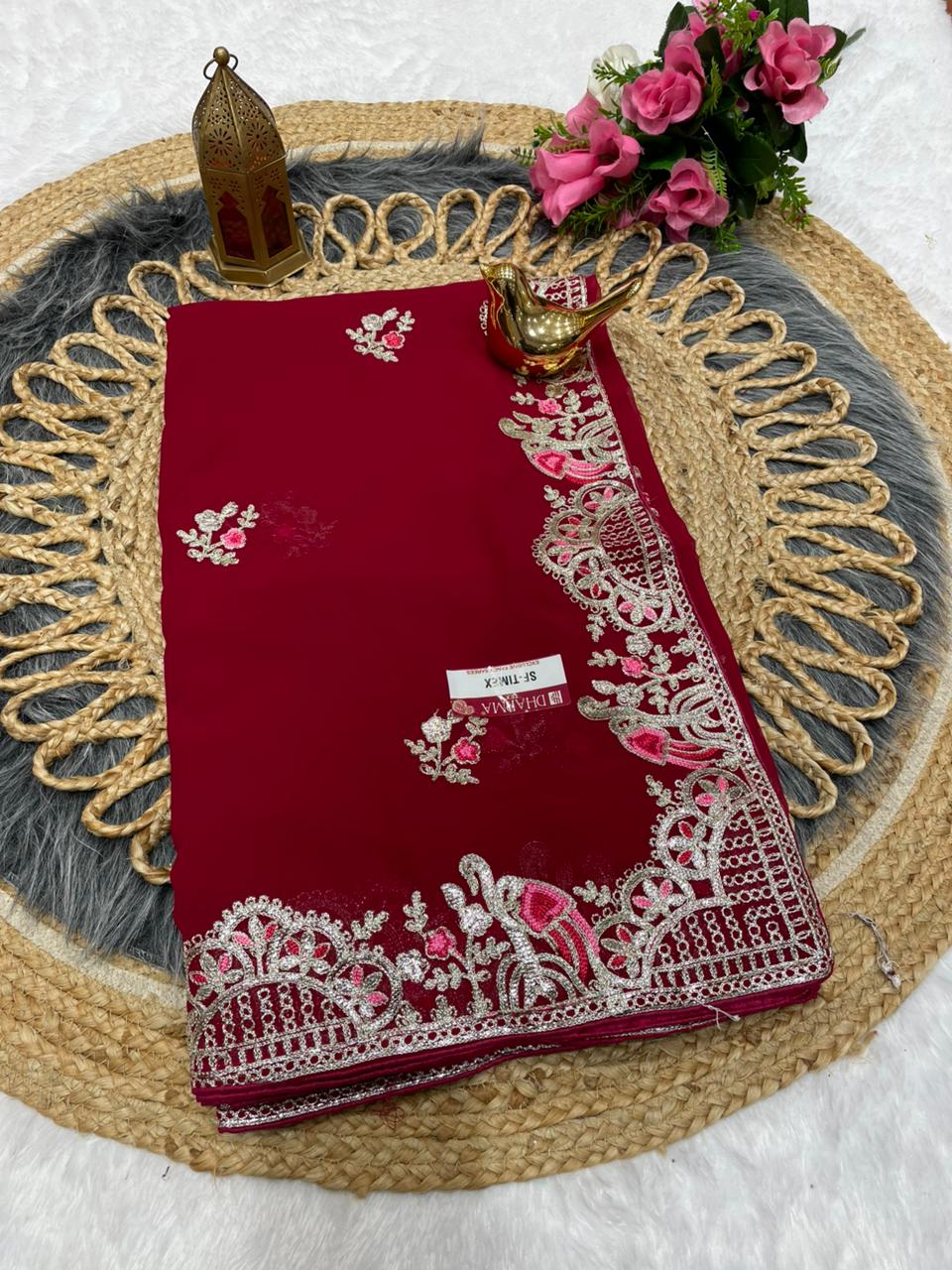 SF-TIMEX STAR GEORGETTE FABRIC SAREE WITH HEAVY EMBROIDERY WORK WITH BEAUTIFUL DESIGN ALL OVER SAREE WITH BLOUSE
