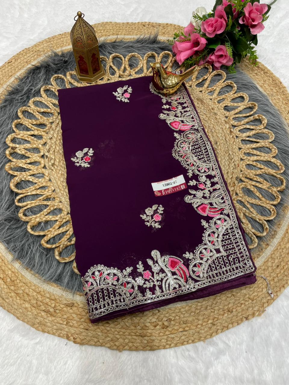 SF-TIMEX STAR GEORGETTE FABRIC SAREE WITH HEAVY EMBROIDERY WORK WITH BEAUTIFUL DESIGN ALL OVER SAREE WITH BLOUSE