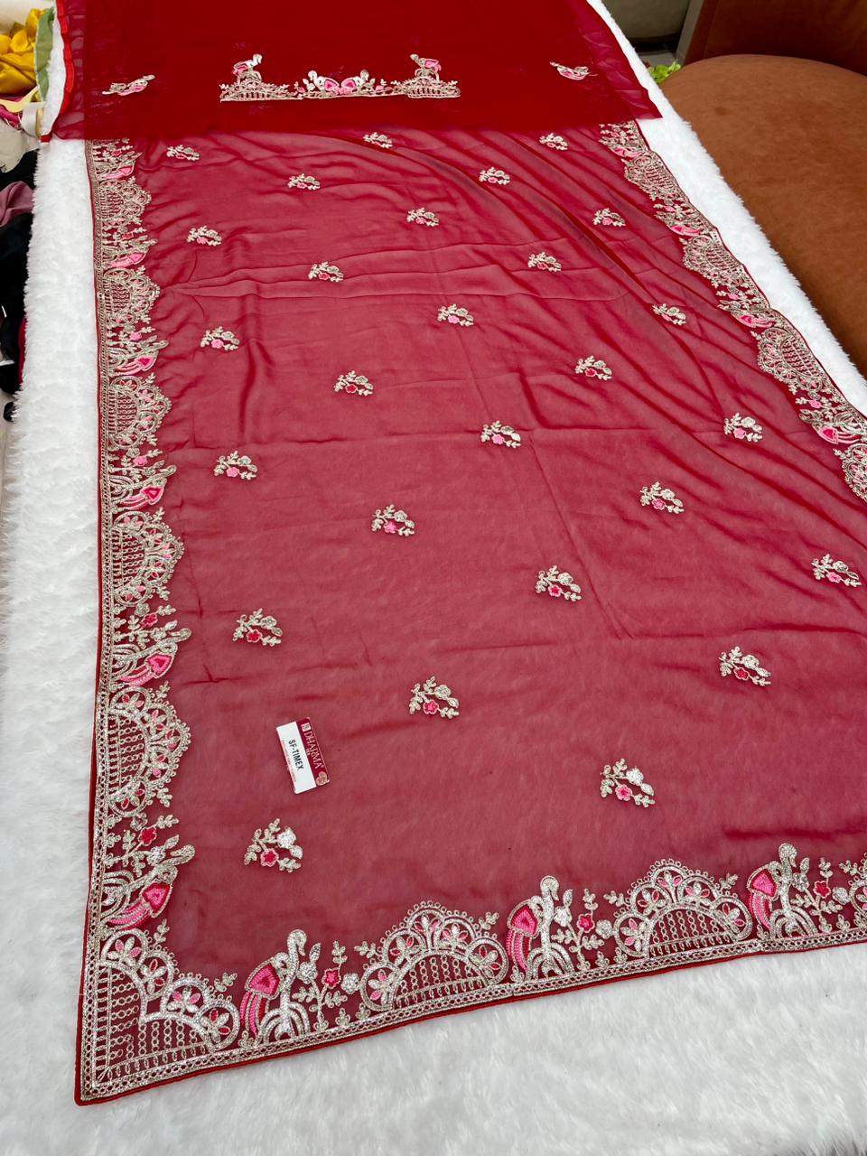 SF-TIMEX STAR GEORGETTE FABRIC SAREE WITH HEAVY EMBROIDERY WORK WITH BEAUTIFUL DESIGN ALL OVER SAREE WITH BLOUSE