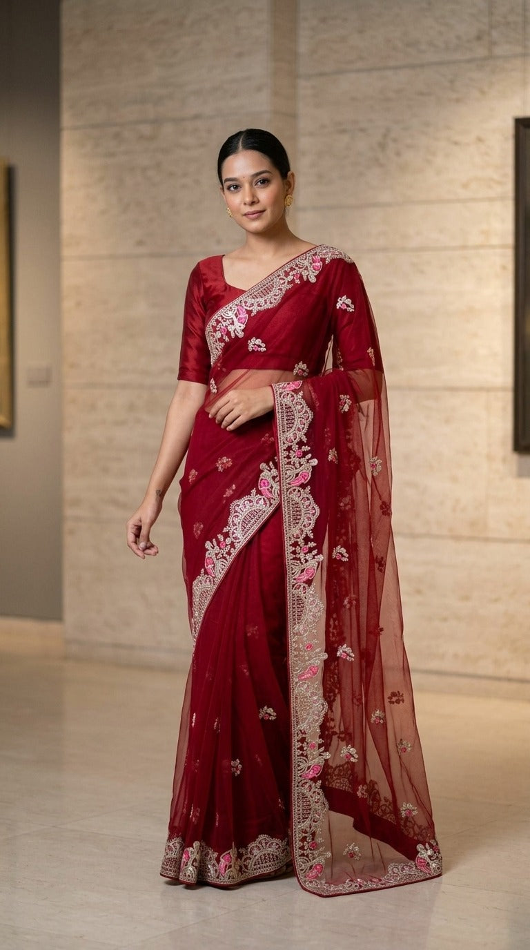 SF-TIMEX STAR GEORGETTE FABRIC SAREE WITH HEAVY EMBROIDERY WORK WITH BEAUTIFUL DESIGN ALL OVER SAREE WITH BLOUSE