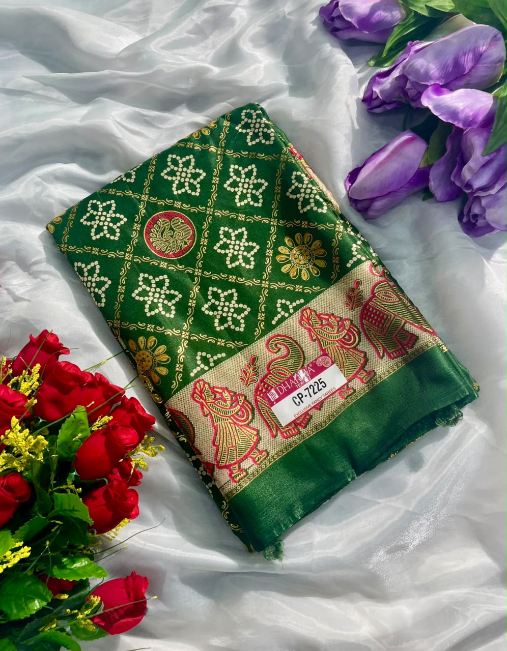 CP-7225 BRIGHT MOSS FABRIC SAREE WITH RICH PALLU DESIGN WITH BANDHANI DESIGN ON BODY WITH BARFAT DESIGN WITH BLOUSE