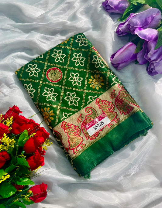 CP-7225 BRIGHT MOSS FABRIC SAREE WITH RICH PALLU DESIGN WITH BANDHANI DESIGN ON BODY WITH BARFAT DESIGN WITH BLOUSE