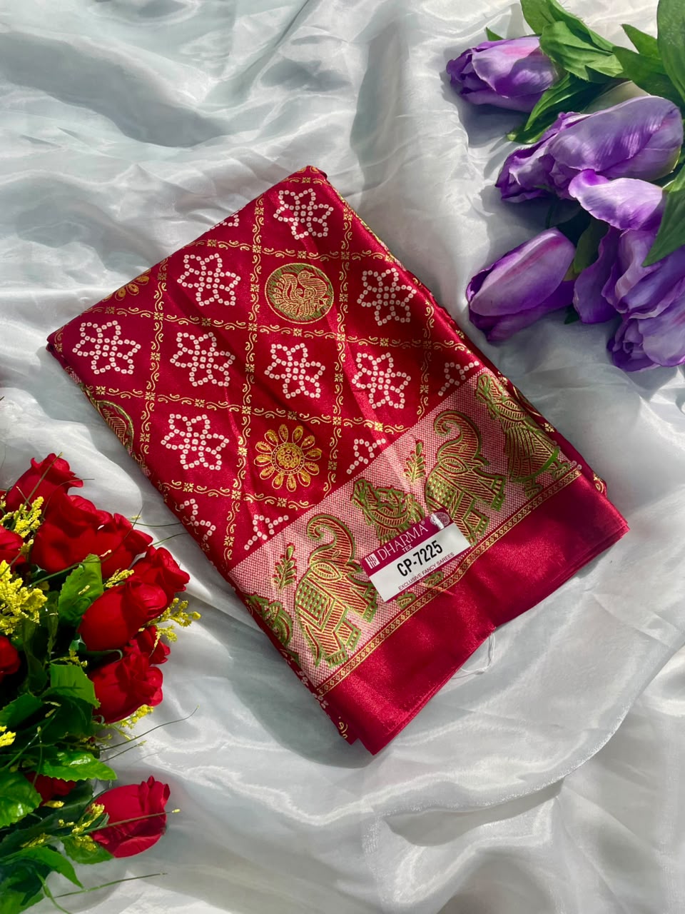 CP-7225 BRIGHT MOSS FABRIC SAREE WITH RICH PALLU DESIGN WITH BANDHANI DESIGN ON BODY WITH BARFAT DESIGN WITH BLOUSE